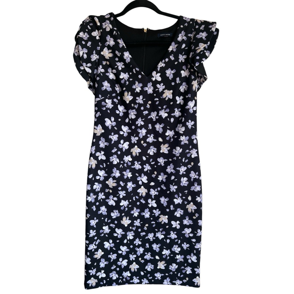 Tommy Hilfiger Floral Ruffle Sleeve Sheath Dress Black Purple Flutter